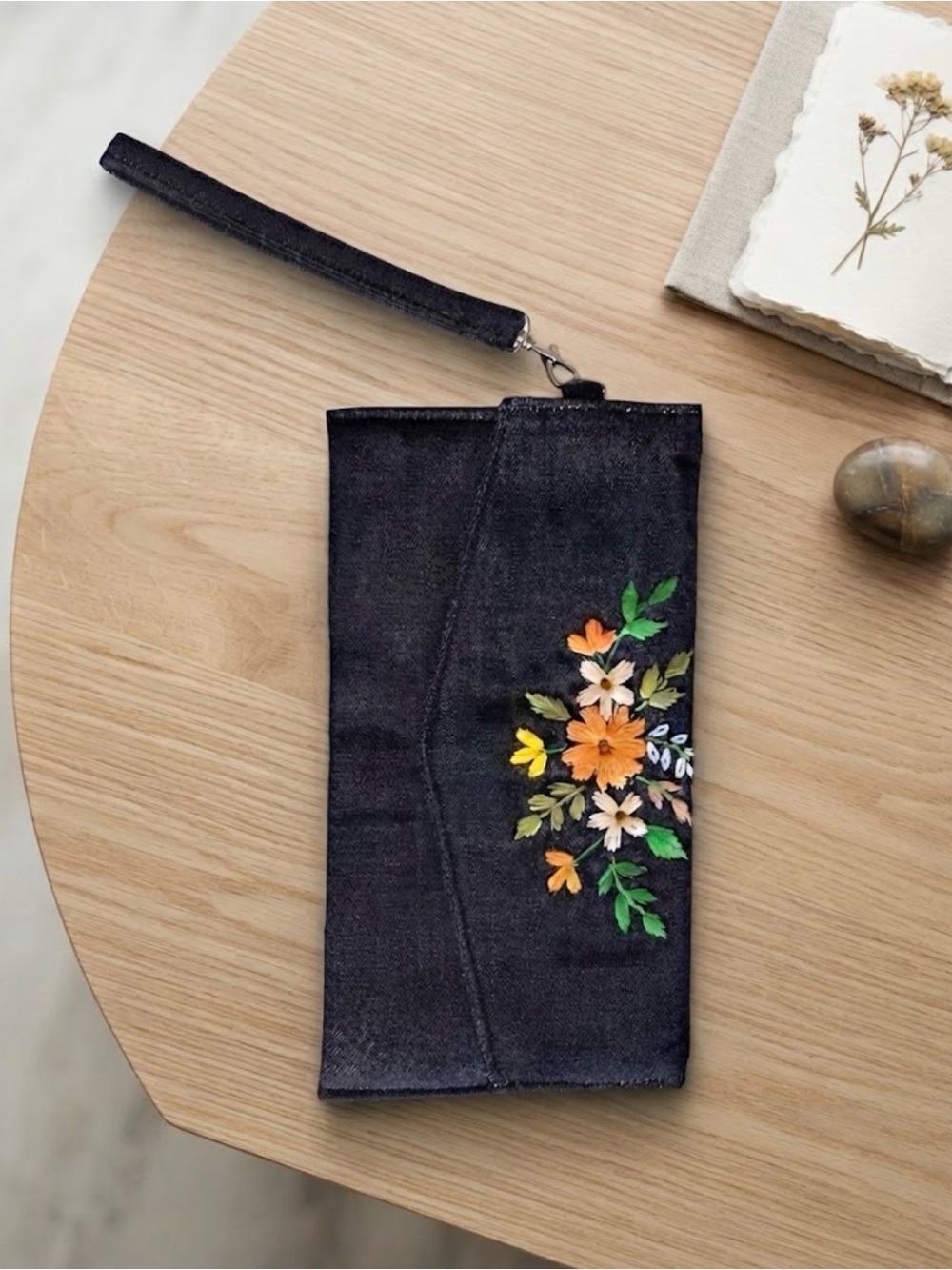 Embroidered Black Floral Wristlet Clutch